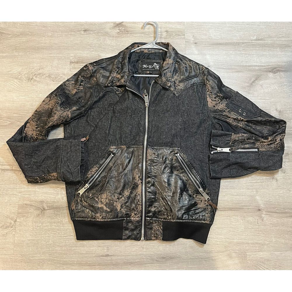 H & D Classic Leather Collection Leather Denim Black‎ Bomber Jacket Sz XL